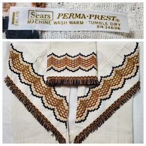 Vintage Sears Embroidered Curtain Set3 - 2 Angled Panels 1 Valance Blue Tan Gold